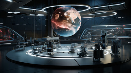 Planet Earth Analysis Hologram Space Exploration Lab Habitat Planet Space Station Facility Alien Sci-fi Expedition Outpost Science Fiction Generative AI
