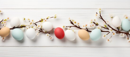 Easter themed branch with eggs on white wood background