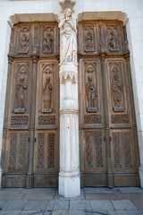 Basilique Saint-Epvre Nancy in France, cathedral wood door with carving, department Lorraine