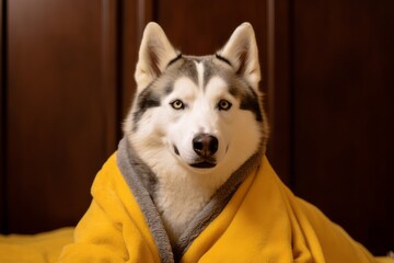 Medium shot portrait photography of a smiling siberian husky wearing a plush robe against a gold background. With generative AI technology