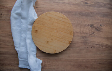 Top view of empty kitchen trendy rustic wooden board on the wooden background. Copy space for text....