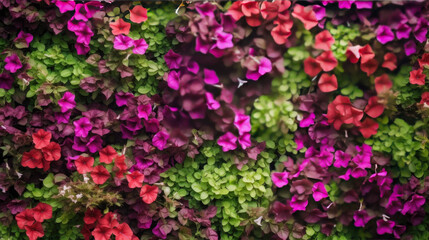 Fototapeta na wymiar Vertical garden nature backdrop, red and purple petunias flowering plant flowers and green leaves wall background.