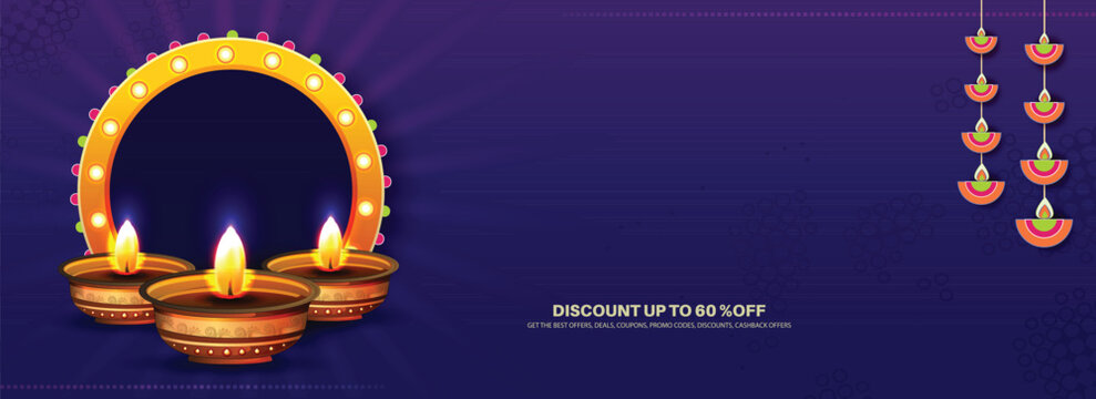 Sale website banner design with realistic oil lamp,indian lady with yellow background for Diwali Festival celebration.