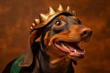 Close-up portrait photography of a smiling dachshund wearing a dinosaur costume against a copper...