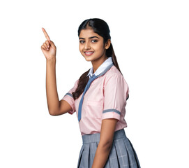 Indian School Girl Pointing Upwards on isolated transparent PNG. Education and Learning Concept
