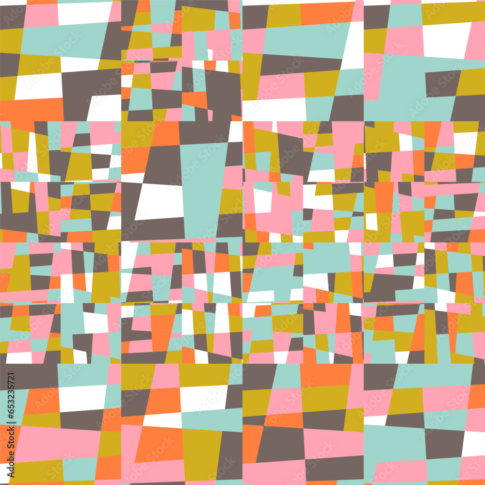 Poster Abstract geometric vector background with random pattern of simple shapes like rectangle, square, triangle and polygon. Pastel colored retro style colorful mosaic.