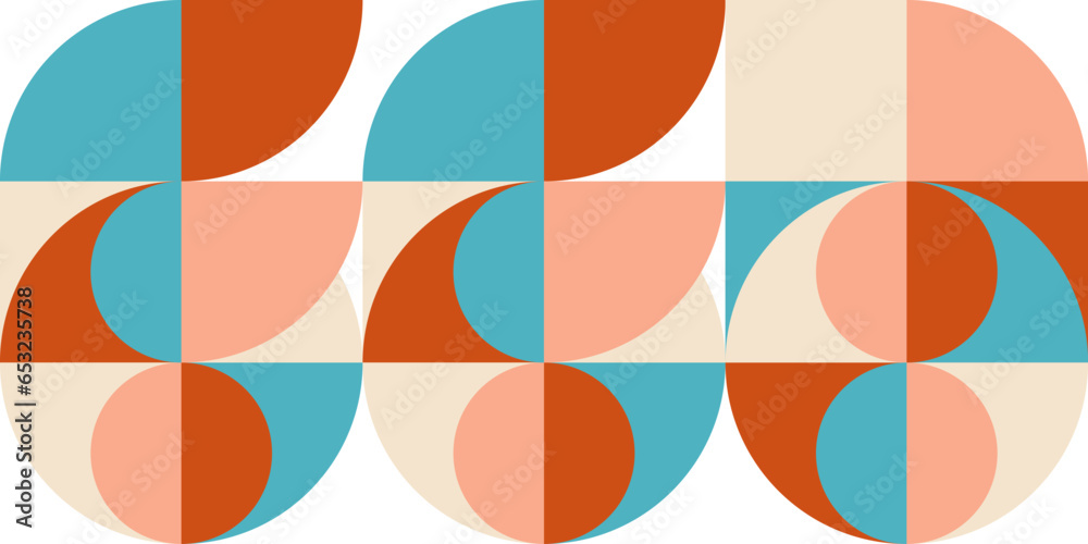 Leinwandbilder Geometric abstract vector seamless pattern with circles, rectangles and squares in retro Bauhaus style. Pastel colored simple shapes graphic background.
