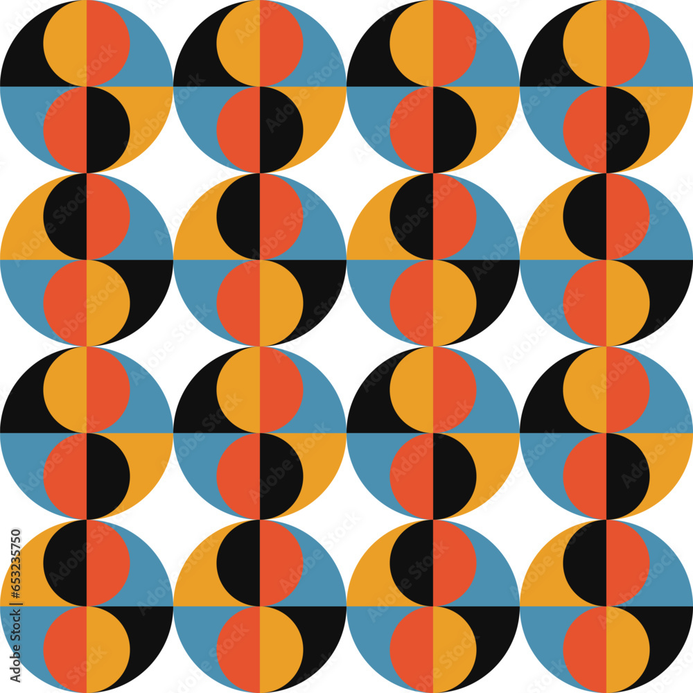 Leinwandbilder Geometric abstract vector seamless pattern with circles, rectangles and squares in retro Bauhaus style. Pastel colored simple shapes graphic background.