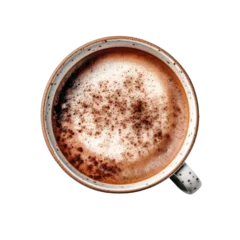 Fotobehang Top view of hot coffee cappuccino blue cup or hot drink cocoa with milk foam and cinnamon powder on blue and white color saucer isolated on transparent background © NI