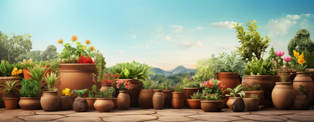 a background with flower pots and greenery in the background - obrazy, fototapety, plakaty