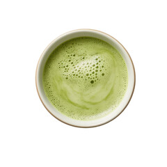 Hot green tea matcha latte cup with beautiful milk foam latte art on top isolated on transparent background