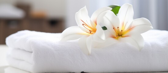 Floral white towel in hotel room