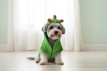 Group portrait photography of a cute havanese dog wearing a dinosaur costume against a minimalist...