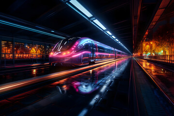 Fototapeta na wymiar Fast train in the night light, in the neon light.