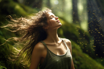 Naklejka premium Beautiful young woman with long wavy hair feeling calm and relieved in green nature, enjoying the breeze, breathing the fresh air