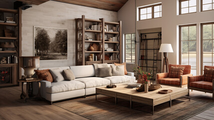 Living room featuring modern farmhouse interior design with relaxing sofa, wall, table, and home decor