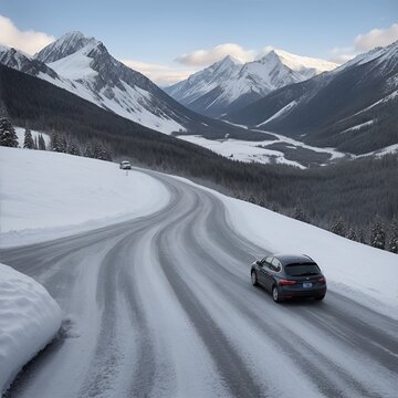 auto f&auml;hrt mit winterreifne auf iene rshcneebedckten strasse in richtung urlaub schnee skipiste gebirge berge