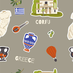 Vector illustration seamless pattern of hand drawn landmarks, attractions, sights, and symbols of Greece in doodle style. Tourism, travel. - obrazy, fototapety, plakaty