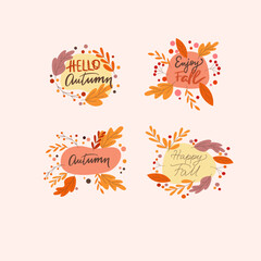 Autumn illustration in one style. Handwritten calligraphy and lettering. Autumn leaves and ornaments. Vector autumn illustration