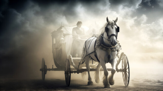 ghostly white horse and carriage with coachman from olden times