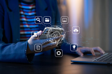 Woman is using a smartphone and tablet to access the cloud computing system , Storage and data transfer Cloud network , Cloud technology. Networking and internet service concept.