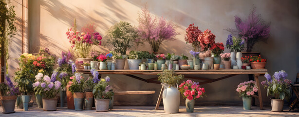 a background with flower pots and greenery in the background
