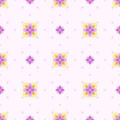 In this seamless pattern, large yellow and pink flowers are arranged interspersed with pink flowers. It is decorated with small circular dots on light pink background, looking pretty, cute and sweet.