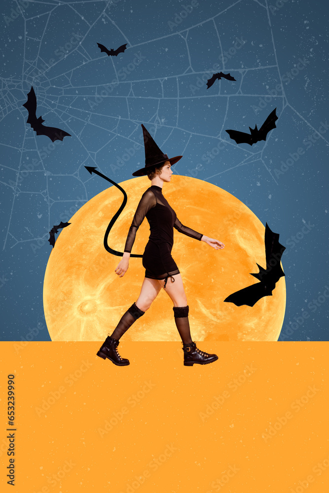 Poster Vertical portrait collage of walking evil spooky young woman witch sorcerer black cone hat long tail demon isolated over moon background