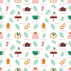 Christmas seamless pattern with pie,gingerbread, pretzel,sweets, mug,teapot and fir branch. Winter design. Happy New Year .