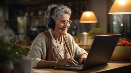 An 82-year-old grandmother happy smile uses her laptop in the kitchen to make video calls with friends of the same age. - obrazy, fototapety, plakaty