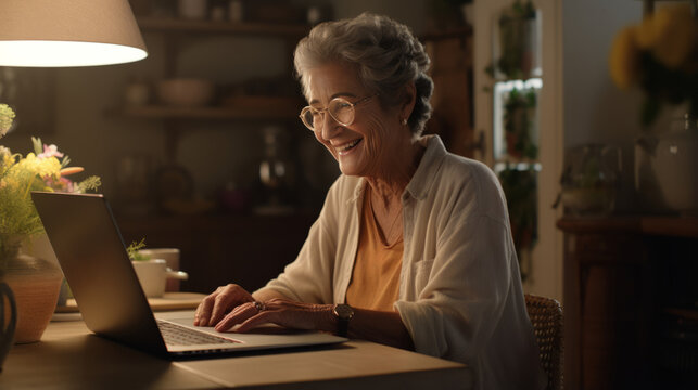 An 82-year-old grandmother happy smile uses her laptop in the kitchen to make video calls with friends of the same age.