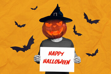 Composite creative photo abstract collage of headless man with pumpkin head hold placard announce...