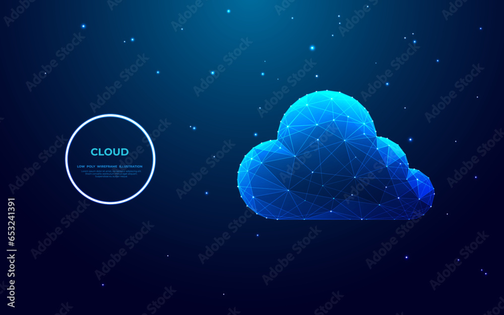 Poster digital cloud in futuristic polygonal style in technology blue on dark starry sky background. cloud 