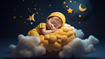 3d cute sleeping baby wearing yellow on moon and clouds, generative ai