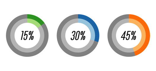 15,30,45 percent circle shape diagrams,colorful percentage infographic symbol,pie charts,vector.