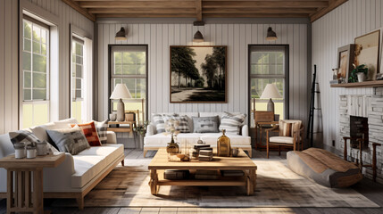 Modern living room featuring farmhouse interior design with stylish sofa, wall, table, artwork and beautiful decor