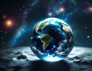 Crystal planet Earth in space background. Save clean planet. Earth Day. Environment and conservation concept