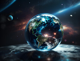 Crystal planet Earth in space background. Save clean planet. Earth Day. Environment and conservation concept