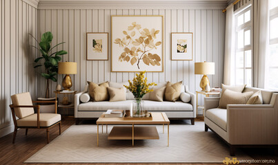Farmhouse interior design for a modern living room featuring an elegant sofa, artwork, table, and stylish decor
