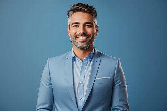 Portrait of smiling confident male entrepreneur posing on blue background, high resolution