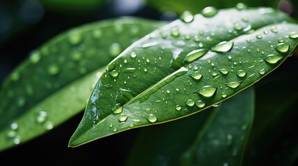 Raindrops on fresh green leaves. Water drops on leaves