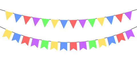 Flag garlands. Festive bunting. Triangle banners. Birthday decoration. Background decor for celebration. Colorful, flat color. Vector sign.