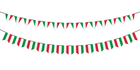 Flag garlands. Festive bunting. Triangle banners with the Italian flag. Birthday decoration. Background decor for celebration in Italy. Flat color. Vector sign. - obrazy, fototapety, plakaty