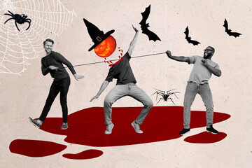 Photo collage of two guys kill bizarre character lumberjack cut his pumpkin head scary halloween much blood isolated on grey background