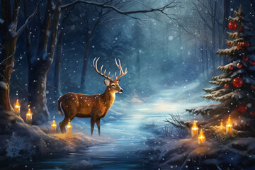 Christmas background with deer standing in the forest  and copy space.