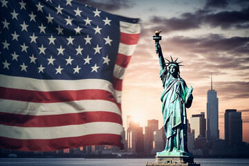 USA flag with statue of liberty with city buildings background.