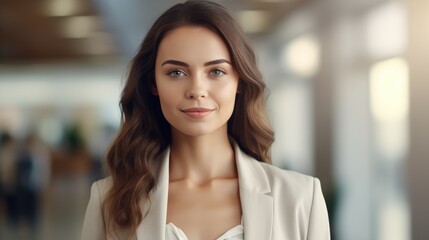 Obraz premium a business woman in light cream, beautiful confident woman in office with blurred staff working background, Generative AI