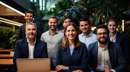 Fototapeta premium A team of professionals, both men and women in a modern office pose for a group photo while working on laptops, Generative AI
