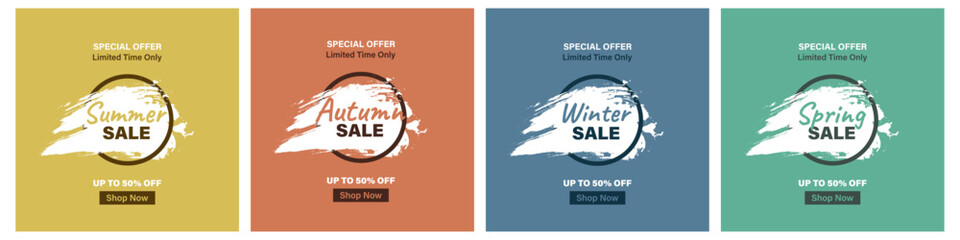 Four Seasons sale banner set. Winter, Autumn, Summer, Spring sale, vector social media templates