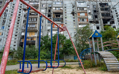 destroyed and burned houses in the city during the war in Ukraine